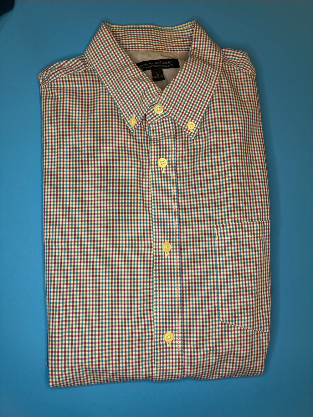 Banana Republic Men's Button-Down Check Shirt in Red and Blue large